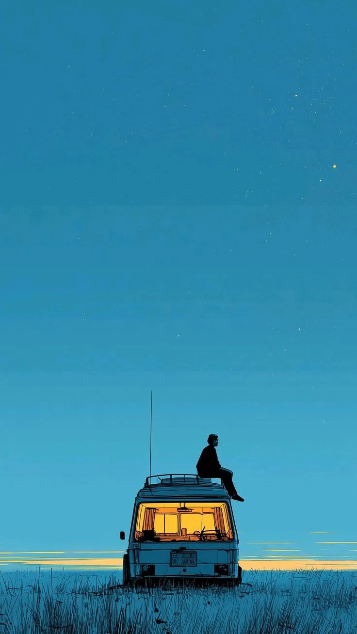 a man sitting on top of a car in the middle of a field at night