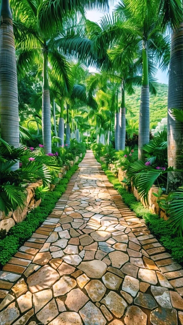 a stone path surrounded by palm trees