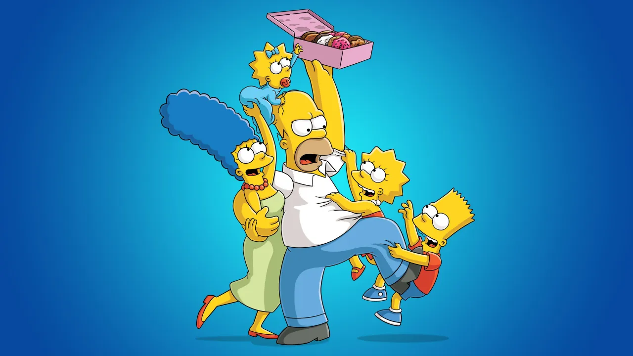 The Simpsons, Doughnuts, Blue background, Homer Simpson, Marge Simpson, Bart Simpson, Lisa Simpson, Maggie Simpson, Simpson family