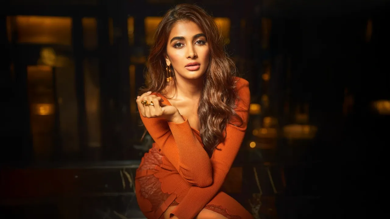 Pooja Hegde, 8K, Dark background, 5K, Indian actress, Orange