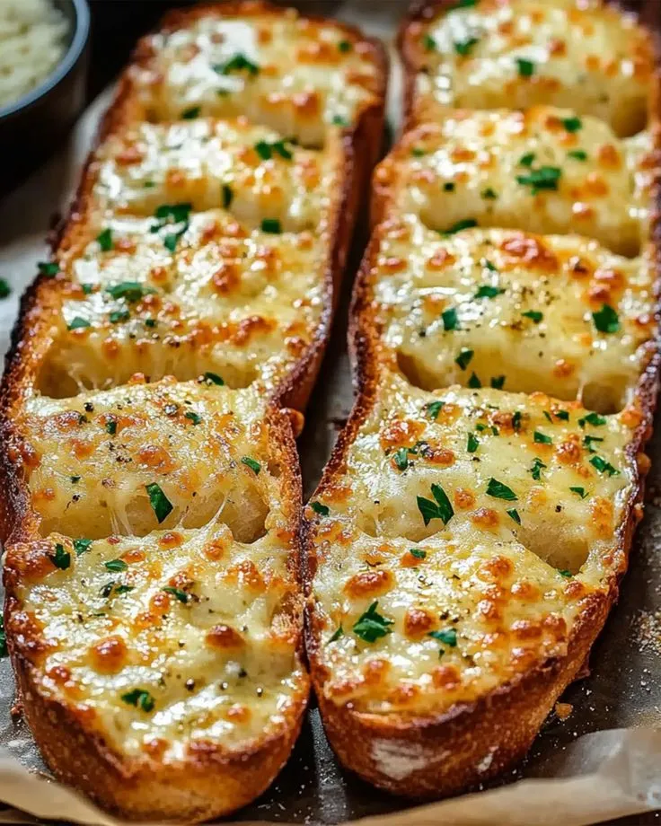 three pieces of bread with cheese and parmesan toppings