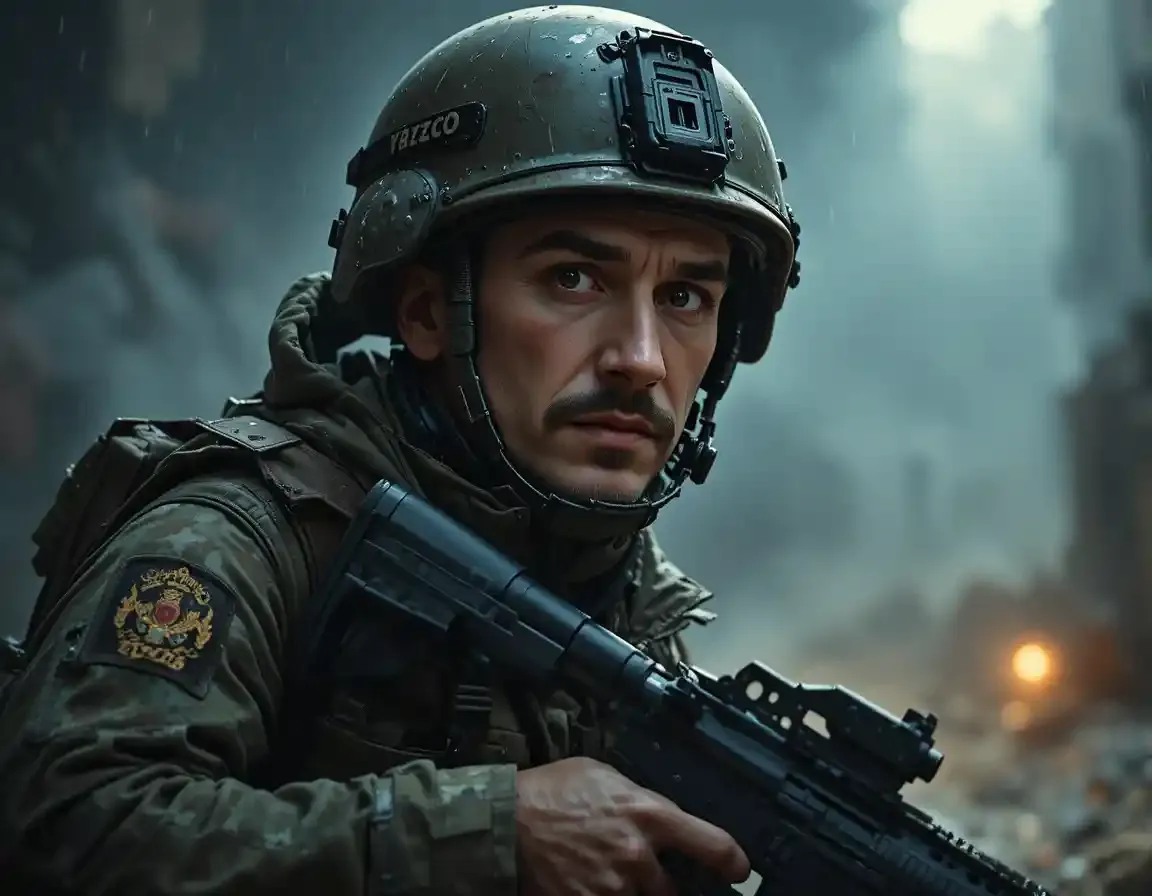 Yanis, un soldat d'élite d'apparence caucasienne d'environ trente ans, se tient derrière Charlène, affichant un regard déterminé et impitoyable. Il porte son uniforme d'opérationnel impeccable, ses traits autrefois doux se sont durcis, trahissant une froi