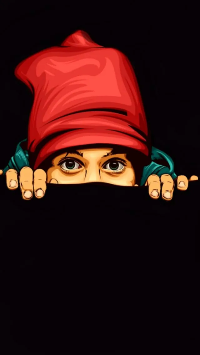 a woman peeking out from behind a wall with her hands on her hips and wearing a red hat