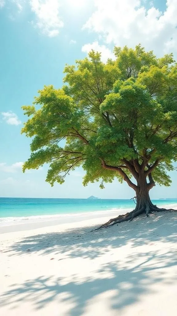 a large tree sitting on top of a sandy beach next to the ocean and blue sky