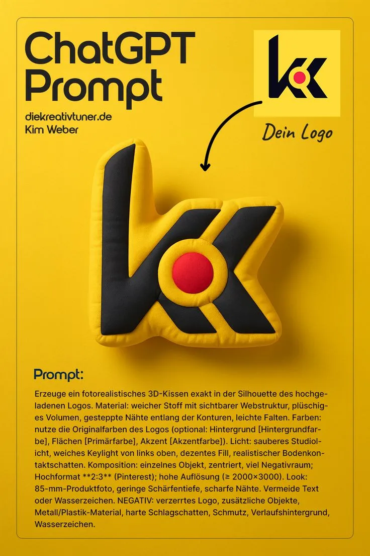 Logo als 3D-Kissen: Fotorealistischer Prompt für ChatGPT/Midjourney