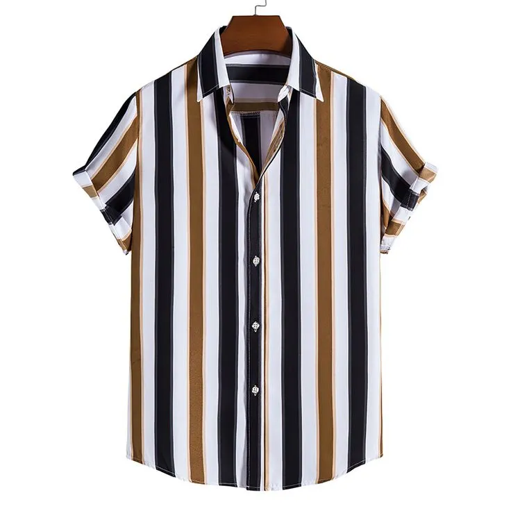 Men's Hawaiian Shirt Summer Stripe Printed Short Sleeved Shirts Lapel Button Large Men Street