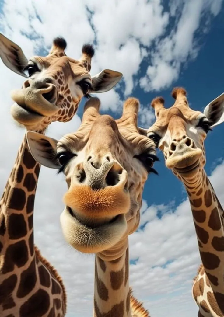 three giraffes are standing close together with their heads turned towards the camera