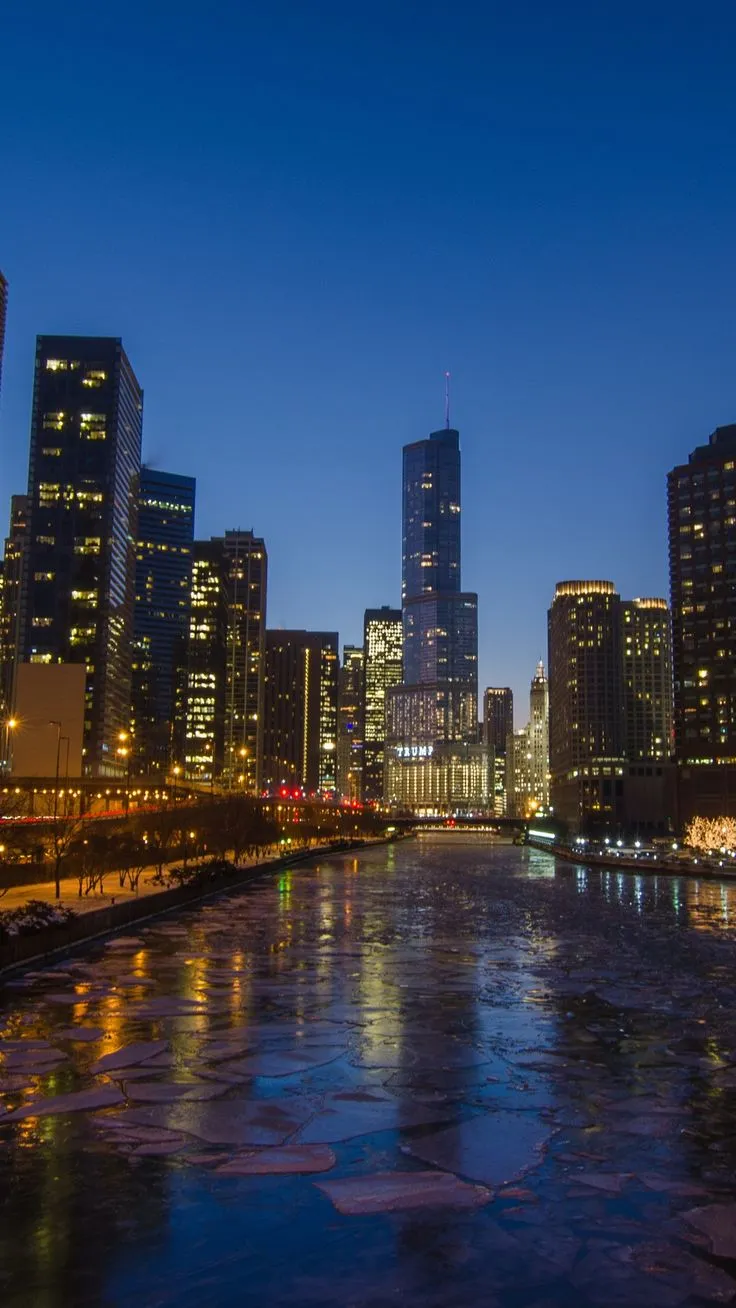 the city is lit up at night and reflecting in the water with ice on the ground