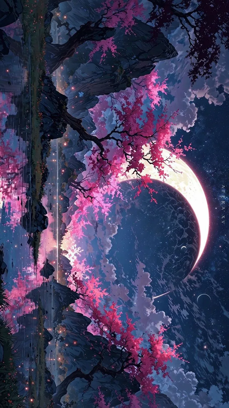 the night sky is full of pink flowers and trees with a half moon in the distance
