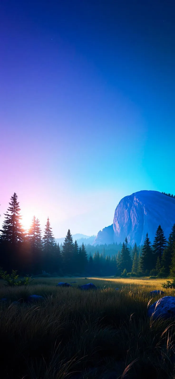 the sun is setting in front of a mountain with pine trees and grass on it