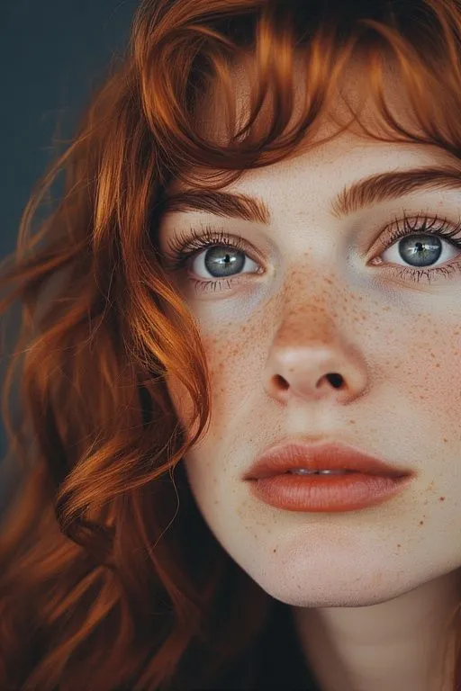 a woman with freckled hair and blue eyes