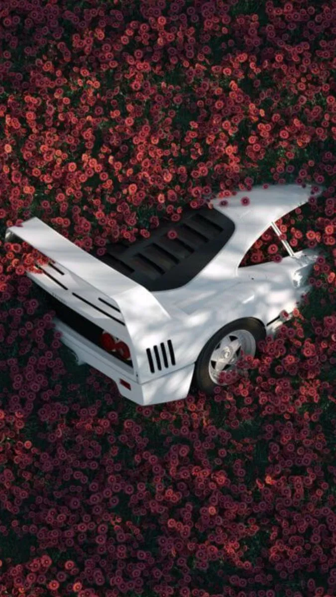a white car is parked in the middle of red flowered bushes, with its hood down