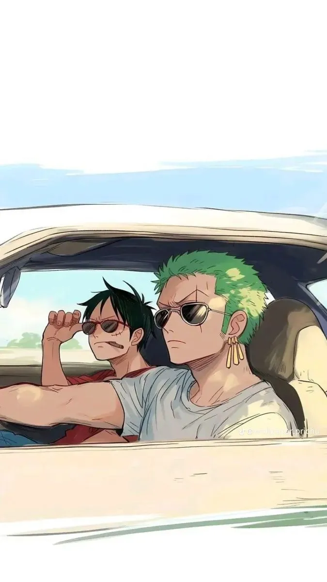 two people sitting in the back seat of a car, one with green hair and sunglasses