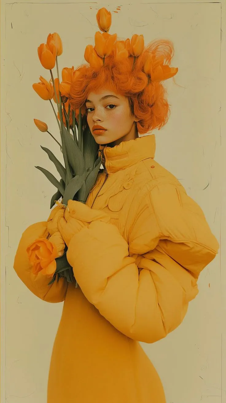 a woman with orange hair holding flowers in her hands