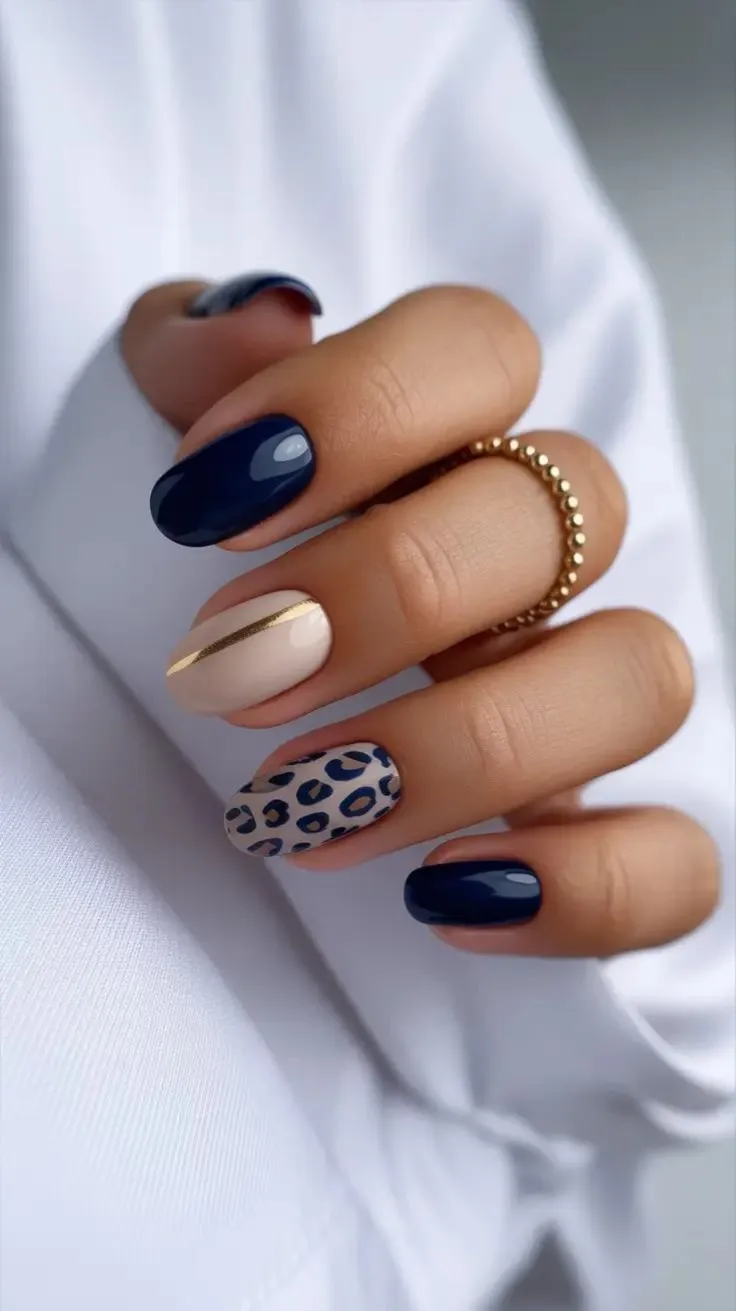 New Blue Nails Ideas 2026: Navy Blue Mix and Match with Soft Neutrals