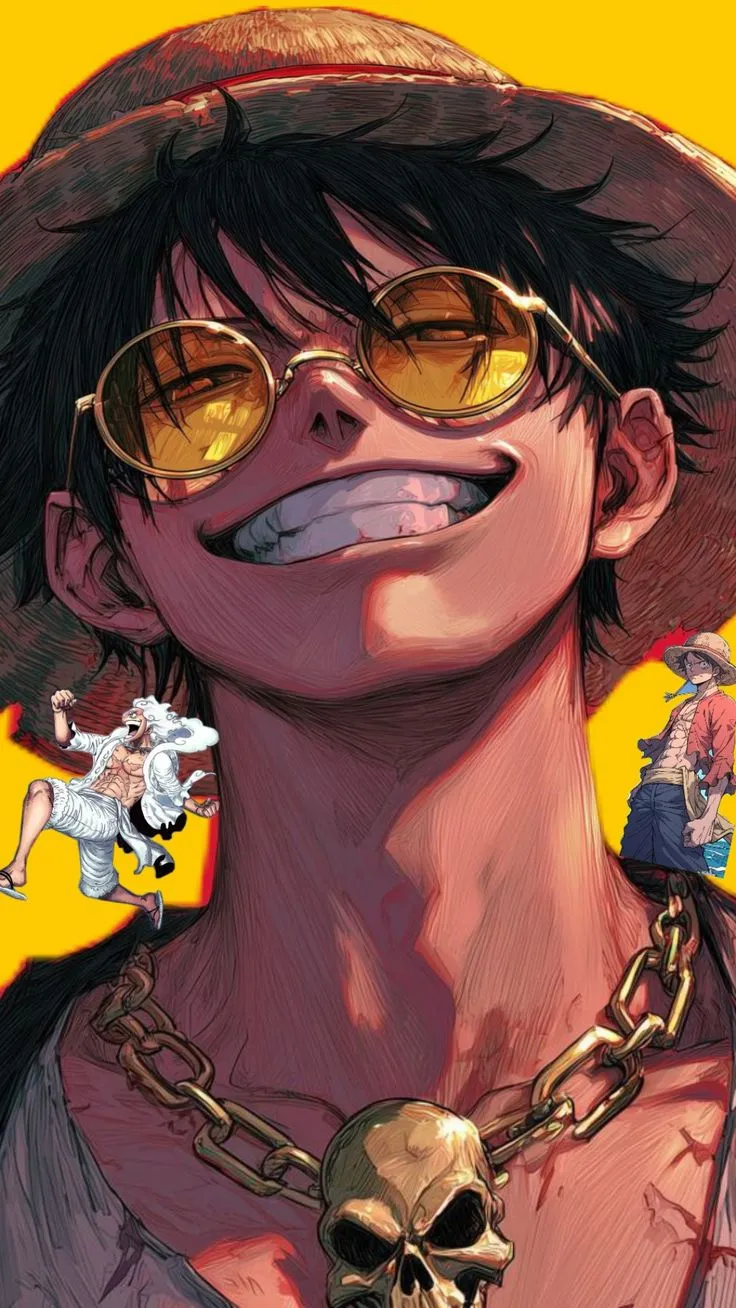 a drawing of a man wearing sunglasses and a hat with a chain around his neck