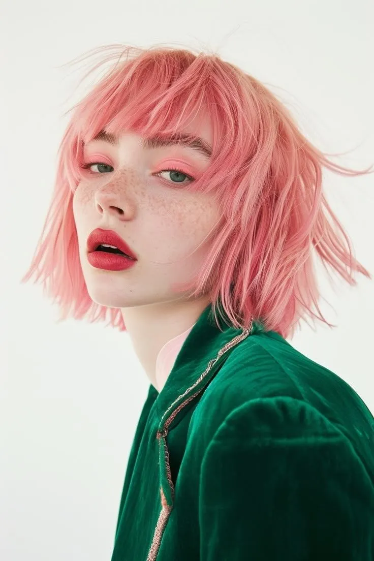 a woman with pink hair and green shirt