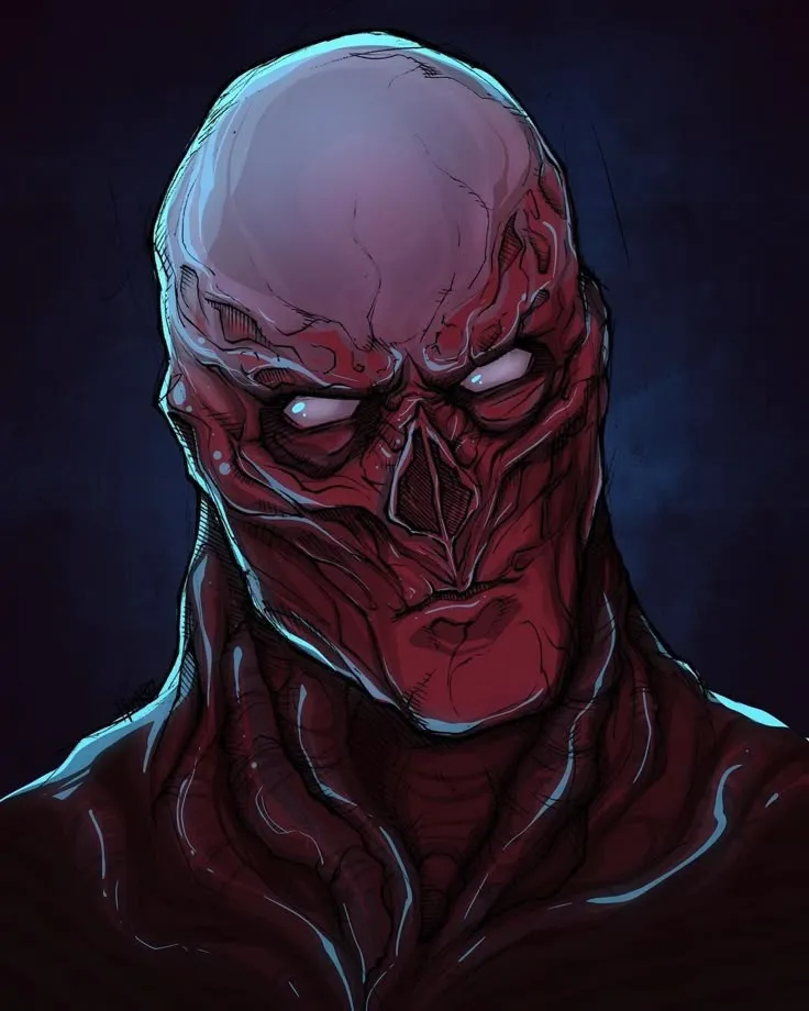 a drawing of a creepy looking man with red eyes
