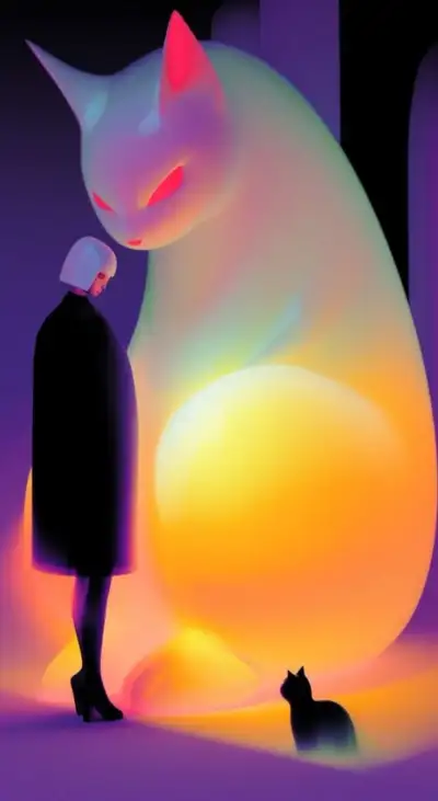 a person standing next to a cat in front of a neon colored background with an orange light