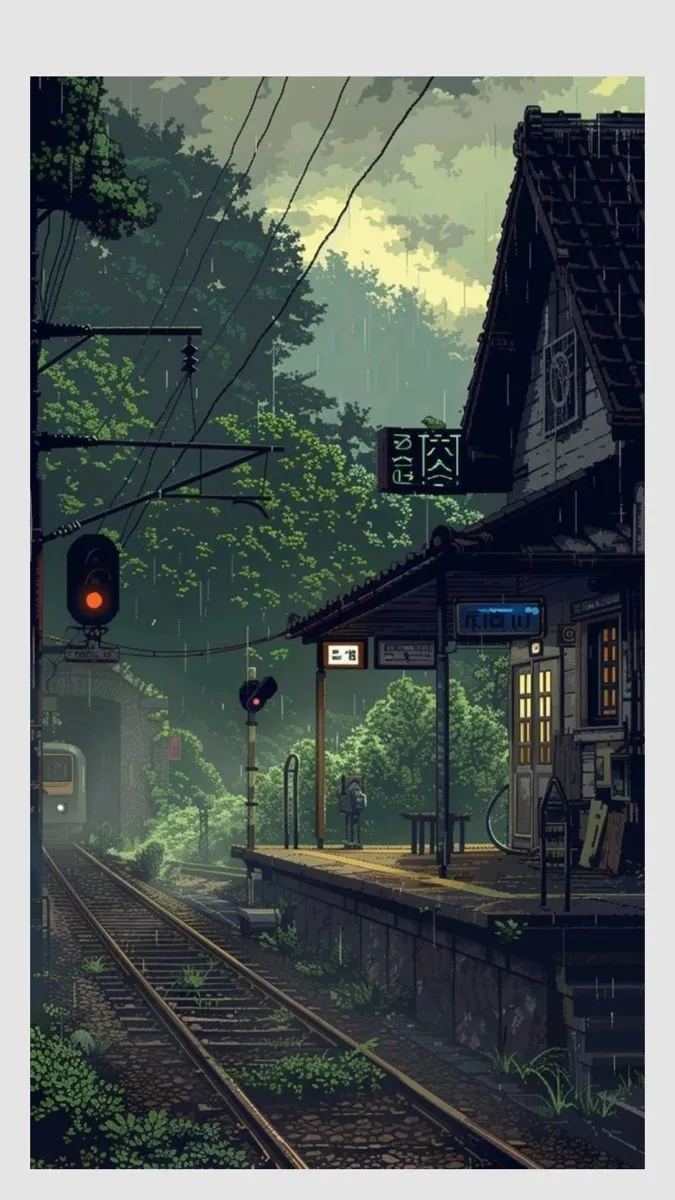 a train station in the middle of a forest with trees on both sides and a red light at the end