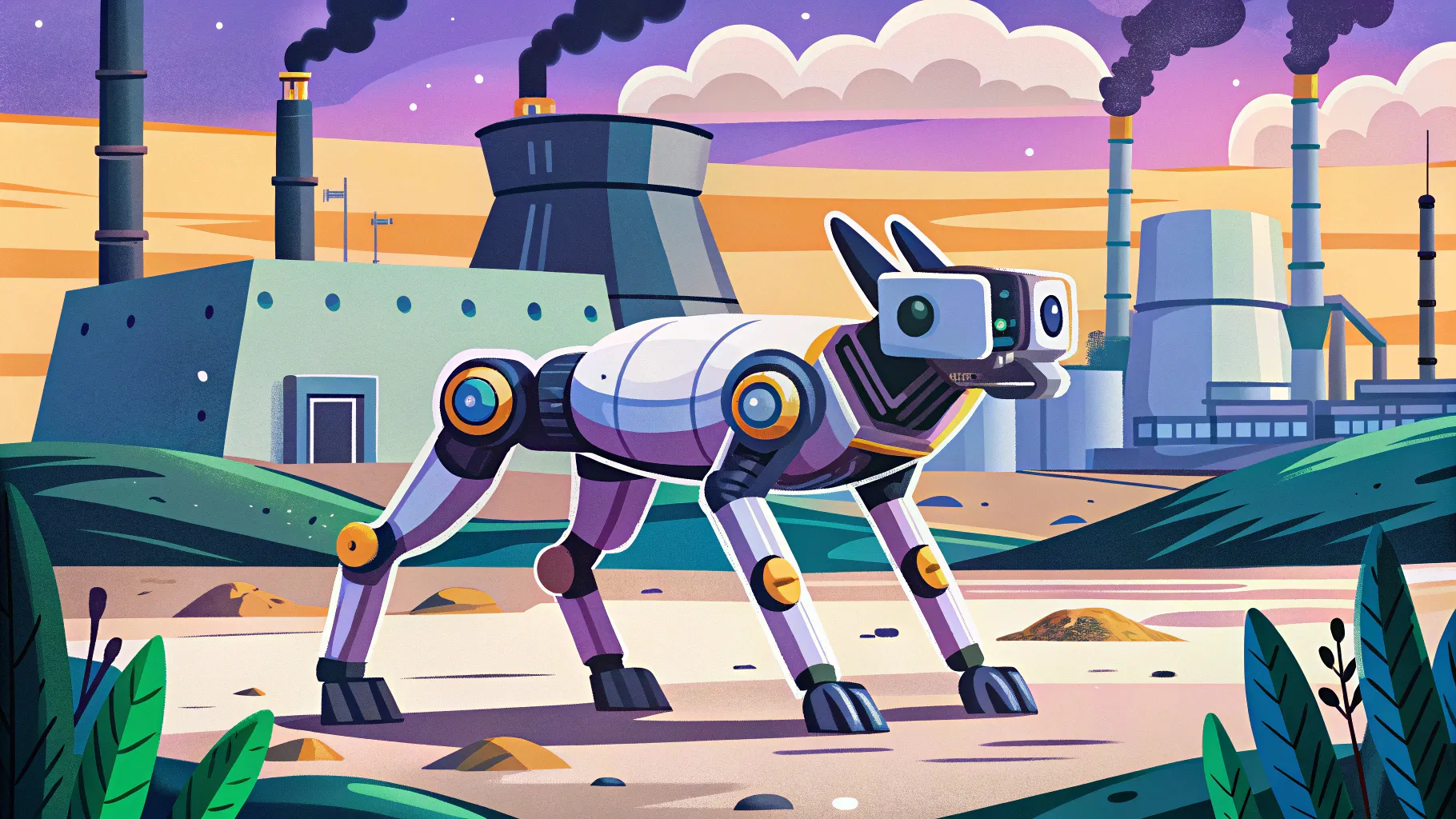 Robot dog with camera sensor patrols nuclear facility under clear...