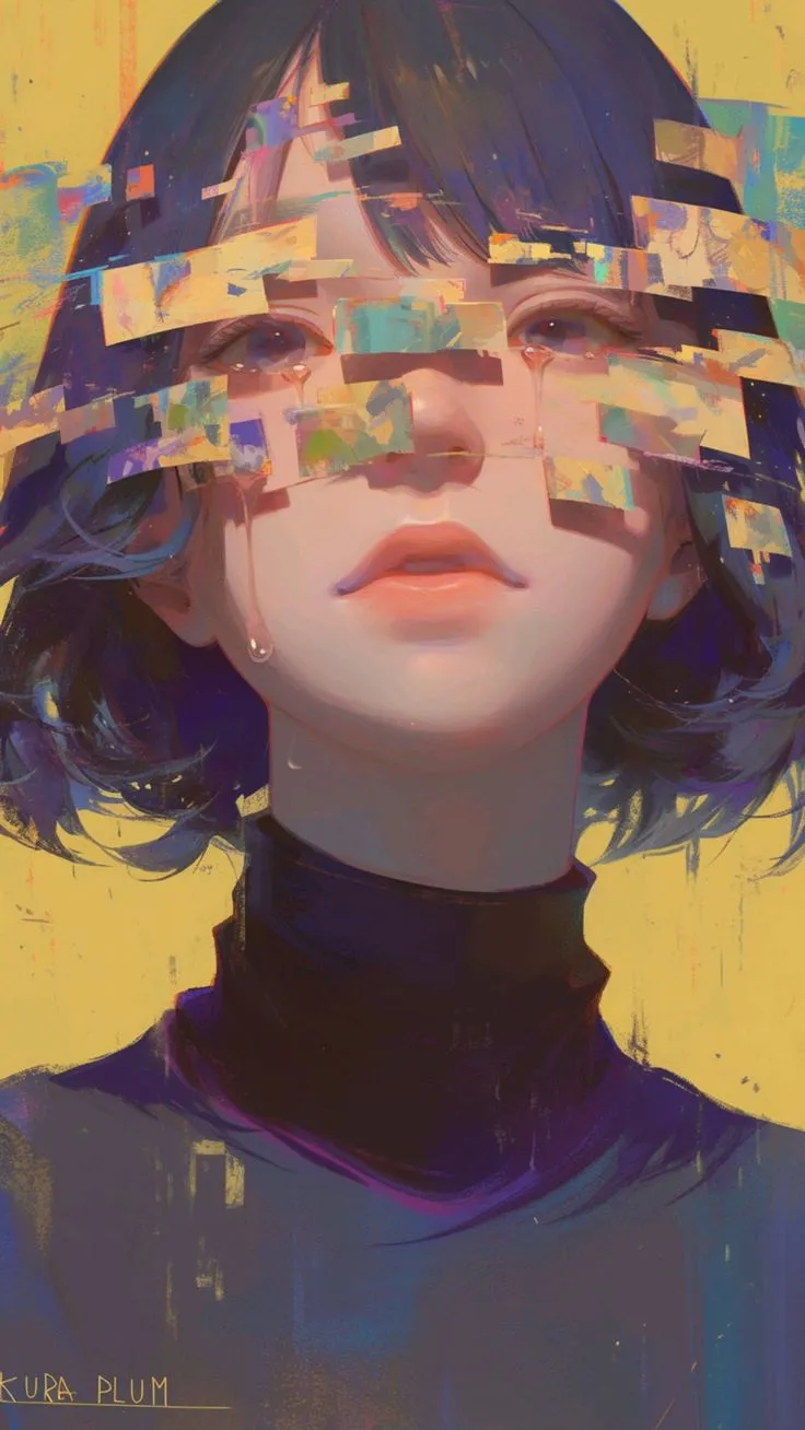 a digital painting of a woman's face with squares covering her eyes and neck