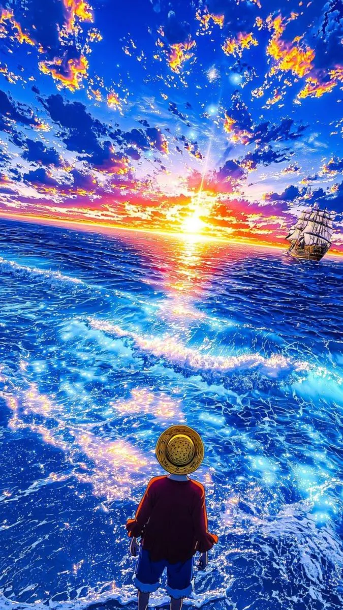 a person standing in the ocean watching a ship go by at sunset, with blue water and clouds