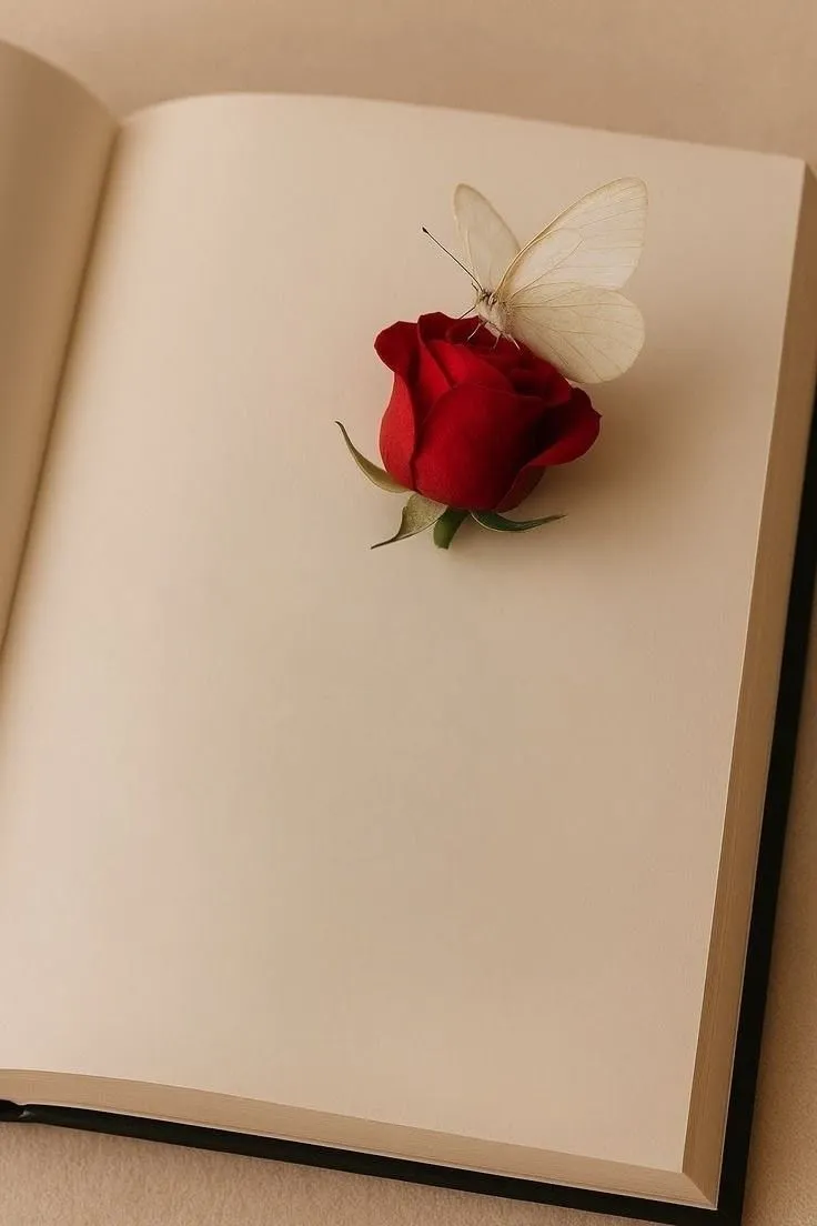 an open book with a red rose and a butterfly on it