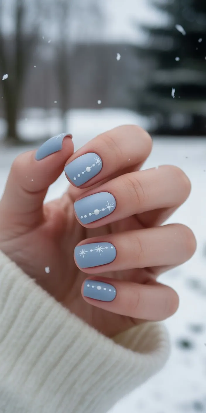 Soft Blue Matte with White Accents Subtle Christmas Nails for a Frosty Look