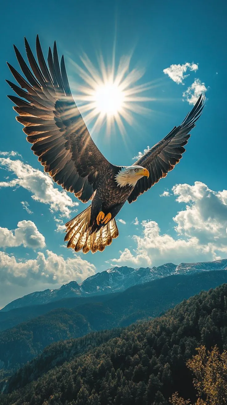 an eagle soaring through the air with mountains in the background and sun shining behind it