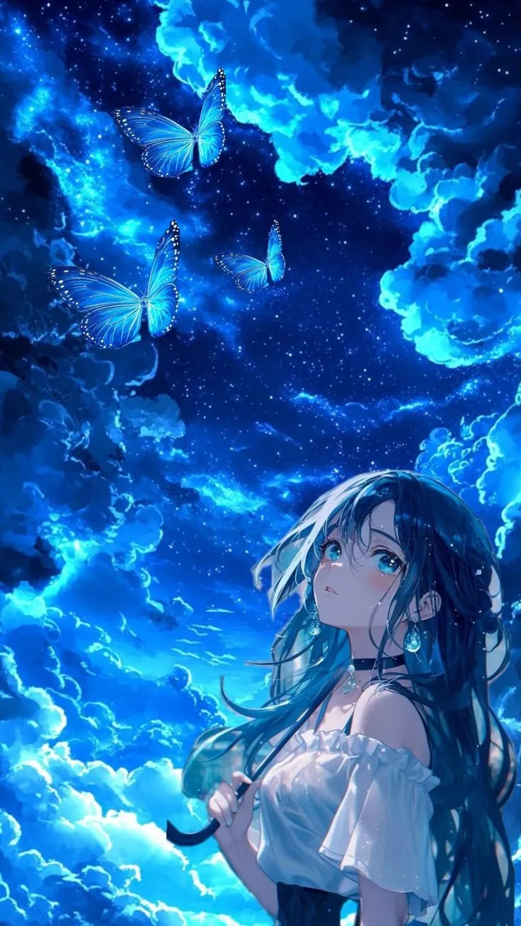 a girl standing in the water with butterflies flying above her and looking up into the sky