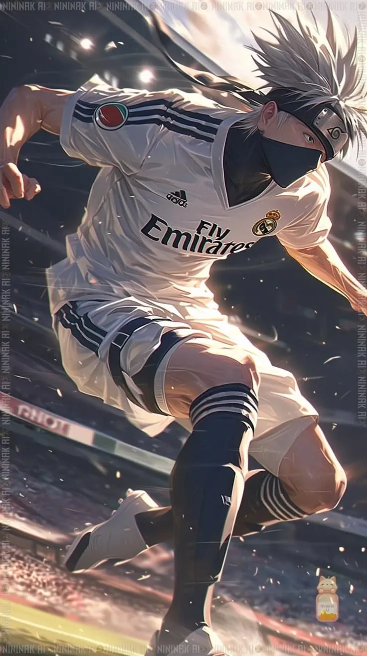 an anime character kicking a soccer ball on a field