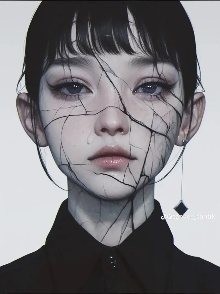 a woman's face is covered in wire and has black hair on her head