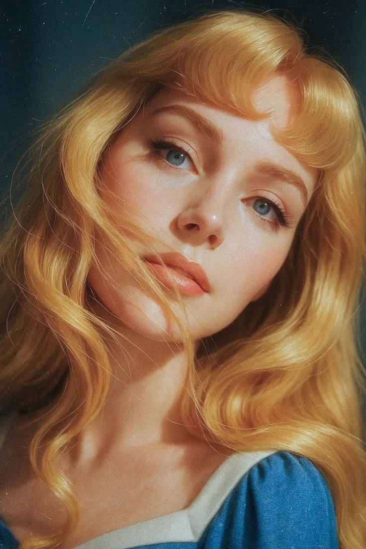 a painting of a woman with long blonde hair and blue eyes wearing a blue dress