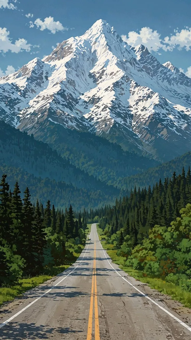 an oil painting of a mountain road with pine trees and mountains in the background,