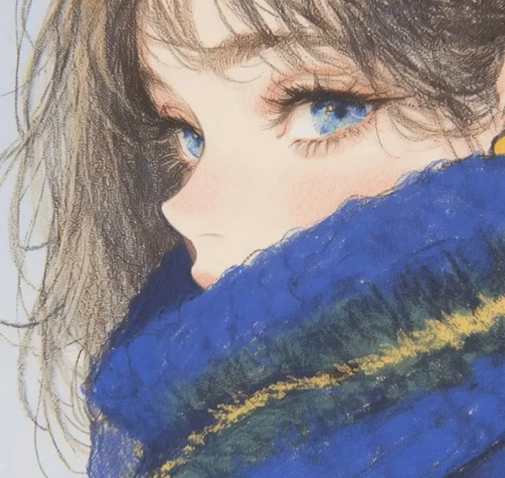 a drawing of a woman with blue eyes and a scarf around her neck is shown
