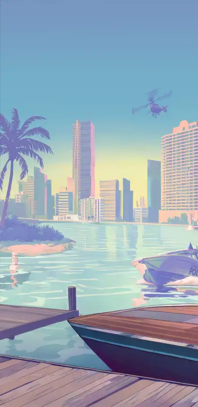 a boat on the water in front of a large city with tall buildings and palm trees