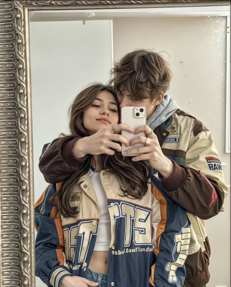 a man and woman taking a selfie in front of a mirror
