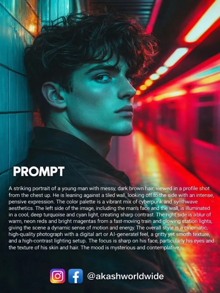⚡ Neon thoughts, quiet mind ✨🖤Cinematic lights 🌃, cyberpunk vibes 🤖✨, and a moment caught between motion 🚆 and stillness 🌙Sometimes the world rushes by… and you just feel it 💭📌 @akashworldwide #akashworldwide #cyberpunk #cinematic #promptart