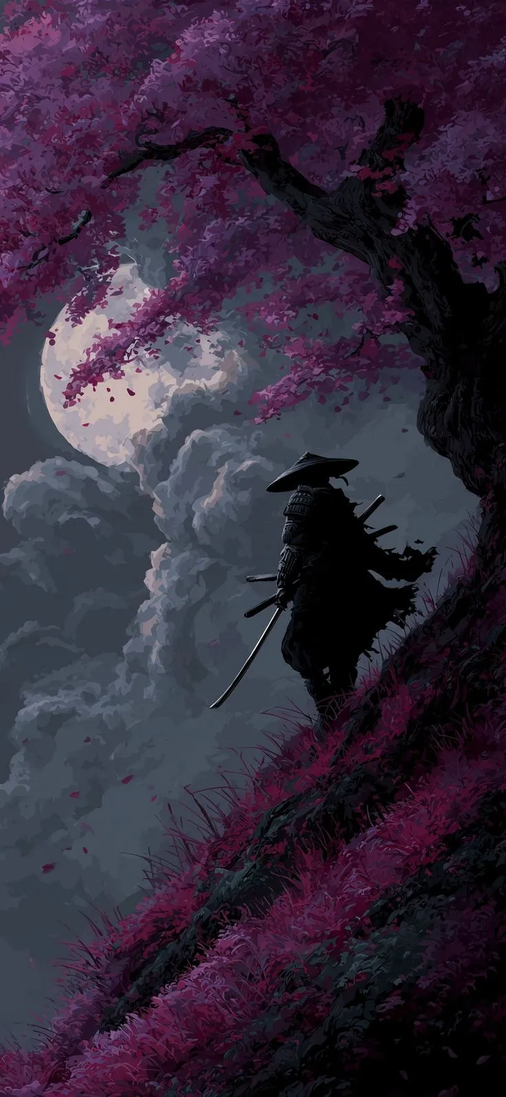 a person standing under a full moon in the sky with pink flowers on it's trees