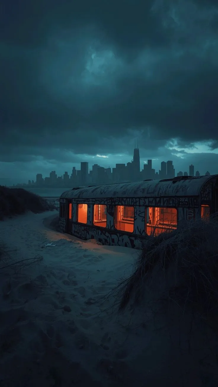 an abandoned bus sits in the sand with city lights on