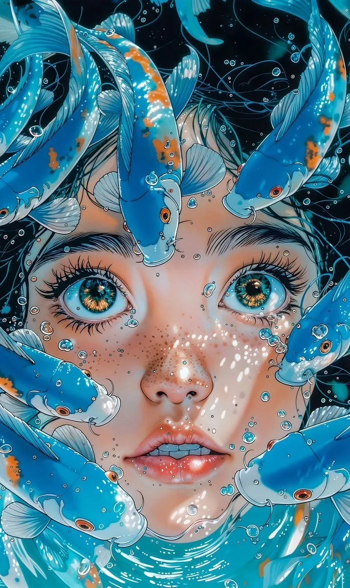 a painting of a woman with fish on her head and blue water around her face