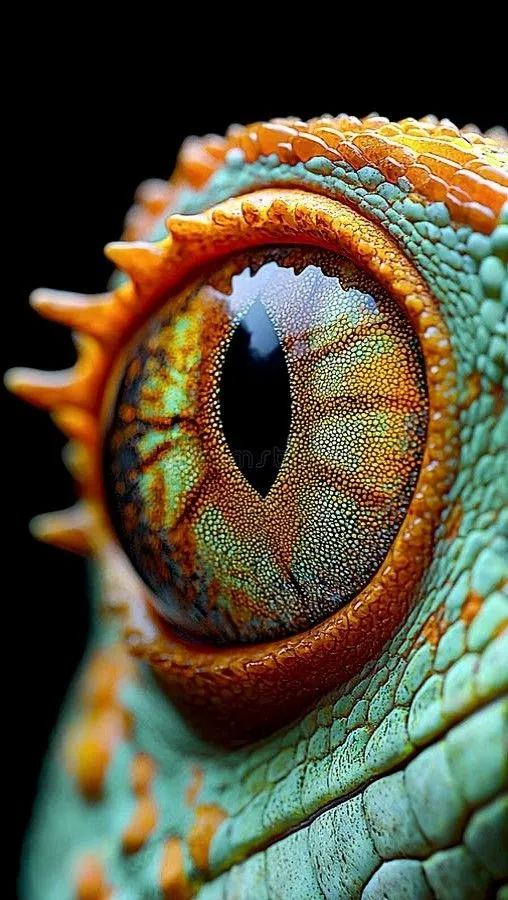 an orange and green chamelon's eye is seen in this close up photo