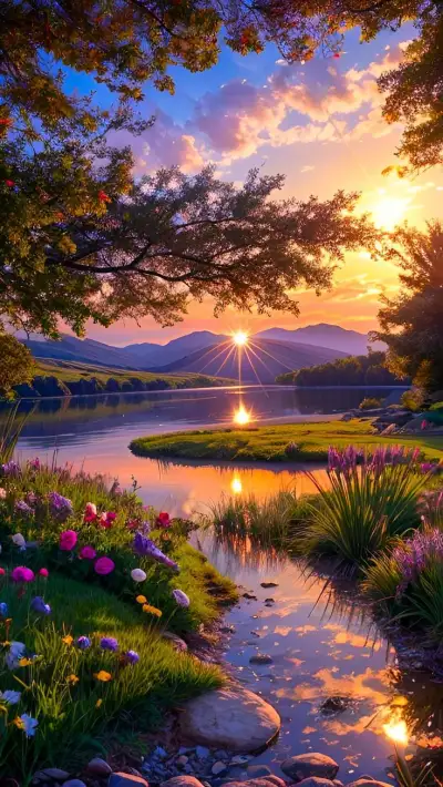 the sun is setting over a river with flowers