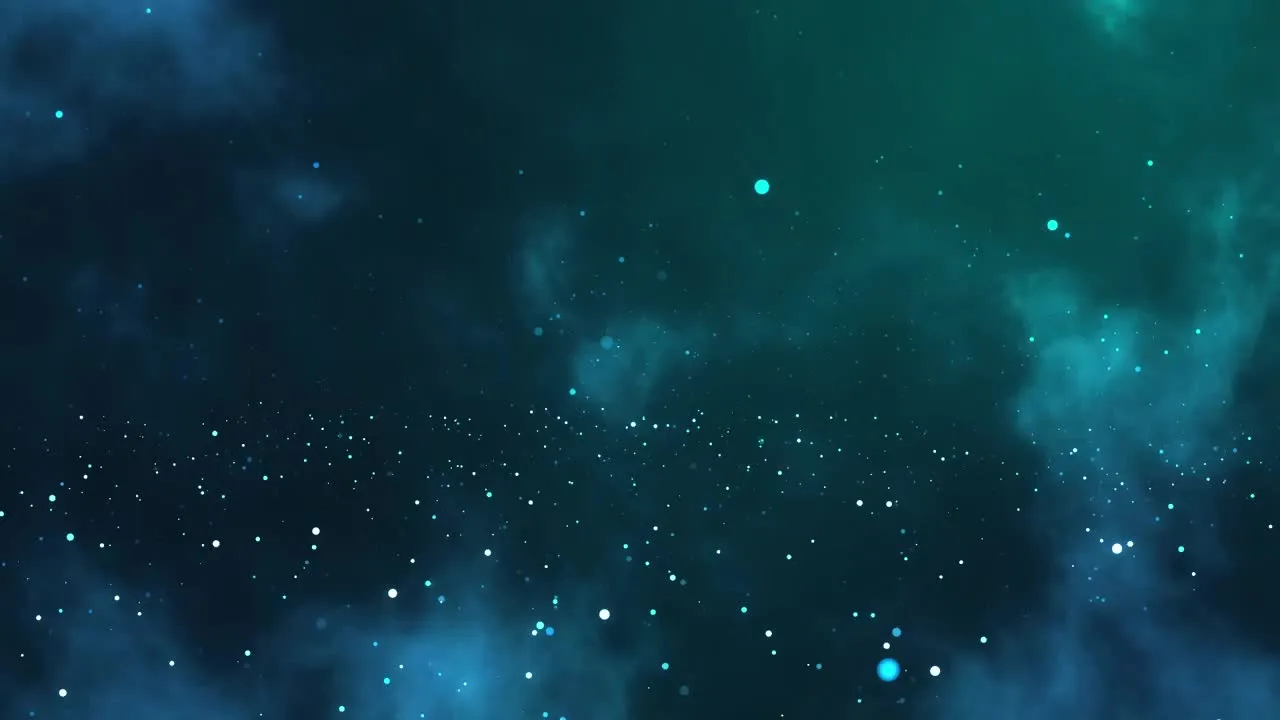 the sky is filled with clouds and stars in blue tones, as well as some green light