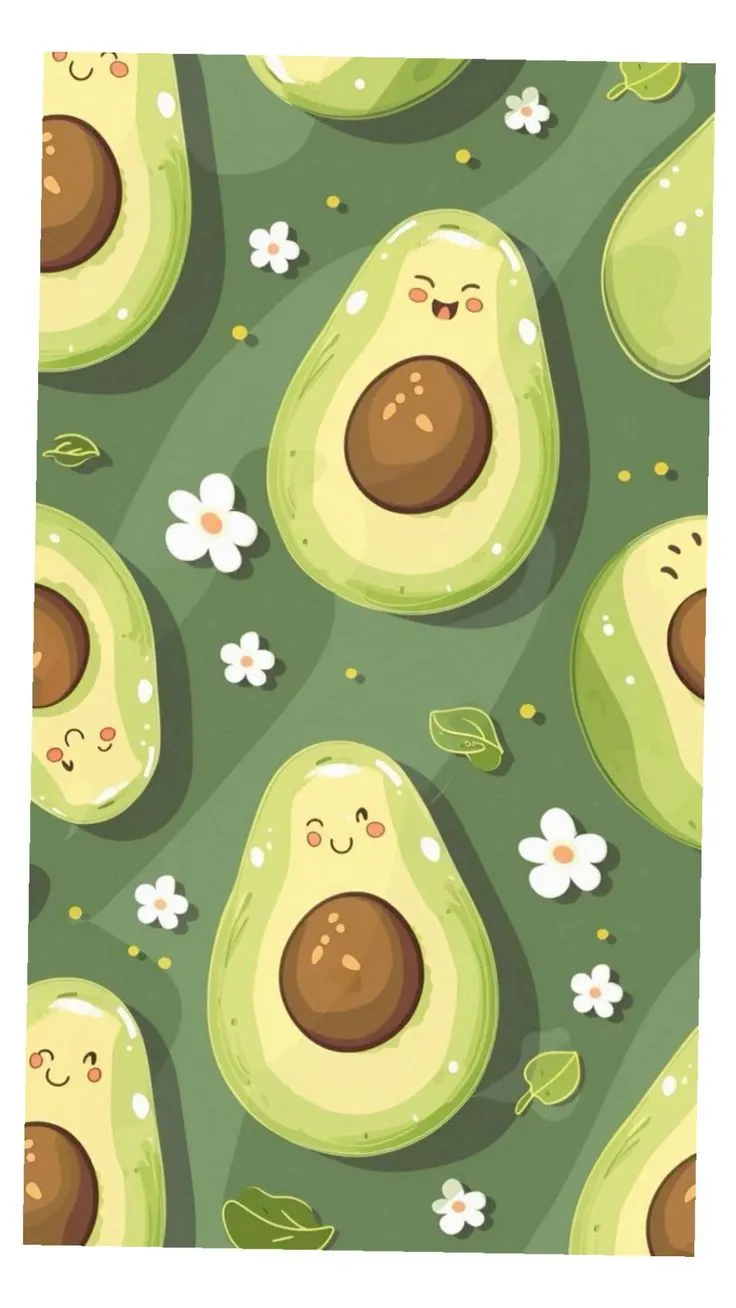 an avocado pattern is shown with flowers and leaves on the green background,