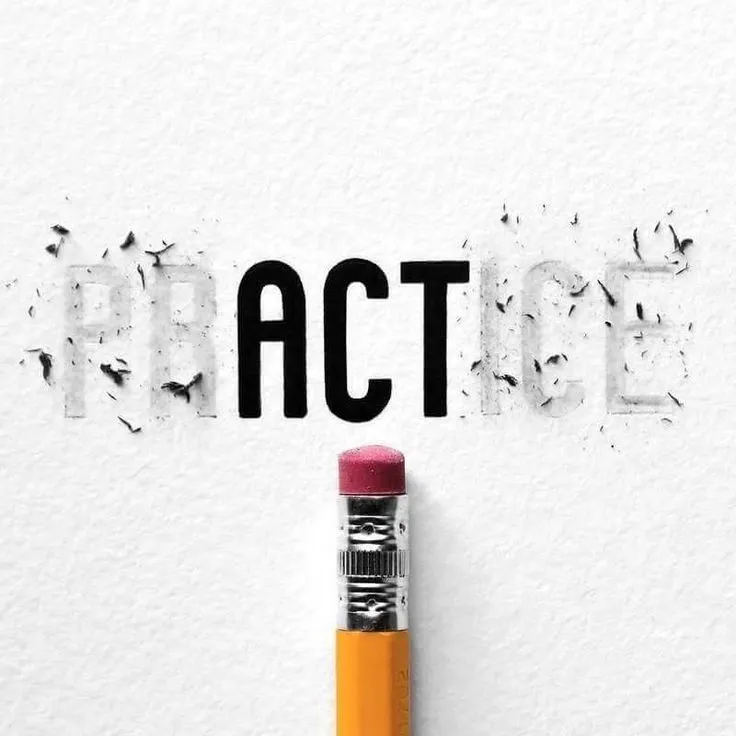 the word practice is written in black and white with a pencil sticking out of it