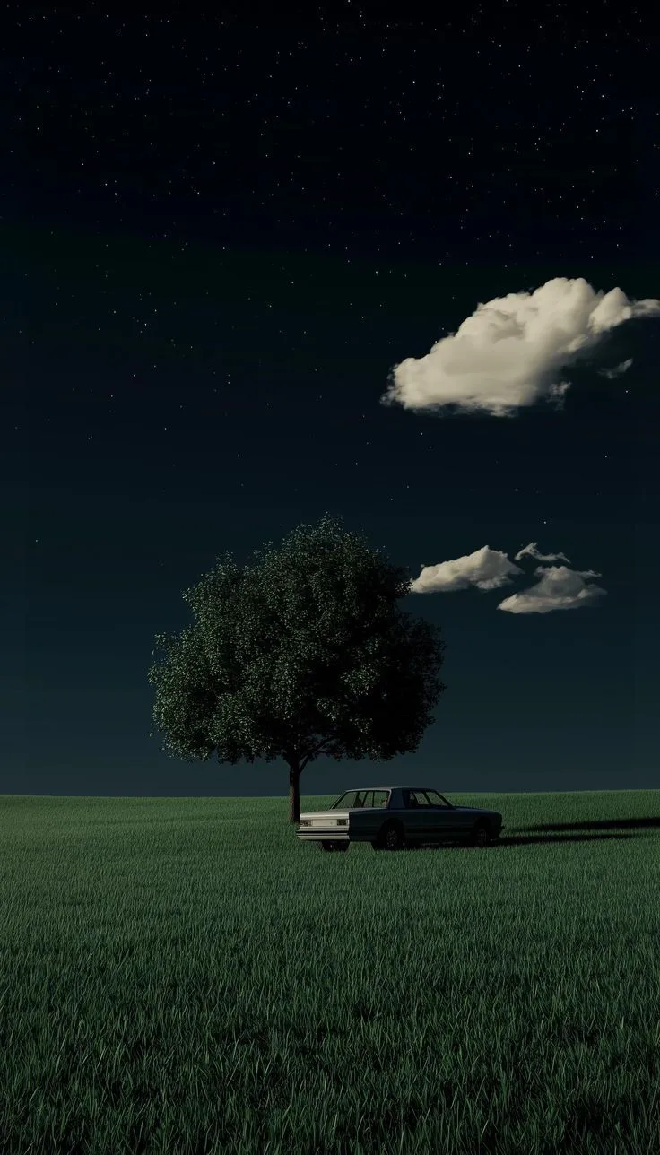 a car parked under a tree in the middle of a field at night with stars above