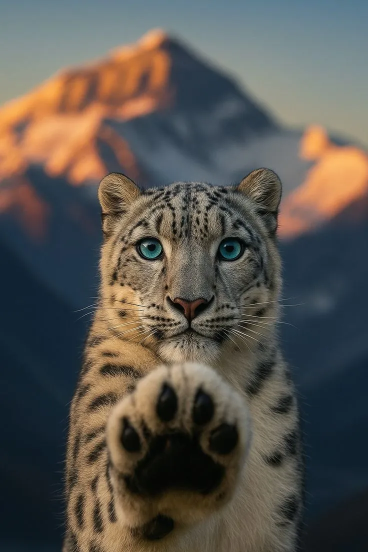 a snow leopard with blue eyes pointing at the camera while standing in front of a mountain