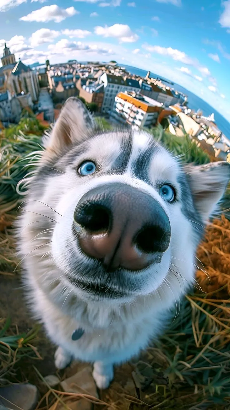 a close up of a dog's face with a city in the back ground